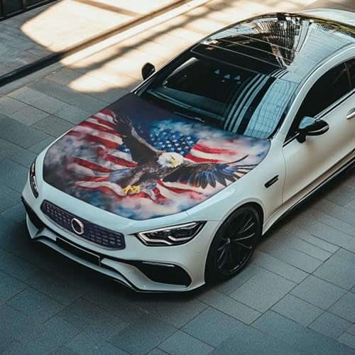 Image of Renewold Stylish American Flag Eagle Print Car Hood Cover Protector Hood Covers for Cars Decorative Wrap Blanket Women Men Automotive Exterior Accessories for Most Sedan Small SUV Truck