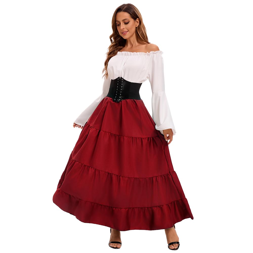 Feynman Robe médiévale rétro pour femme avec manches trompette - Reine victorienne médiévale Renaissance gothique - Robe maxi pour carnaval, Halloween, fête