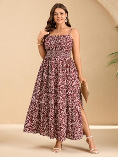 Image of SCOMCHIC Plus Size Summer Boho Dresses Spaghetti Strap Sleeveless Casual Sundress Smocked Flowy Slit Beach Maxi Dress