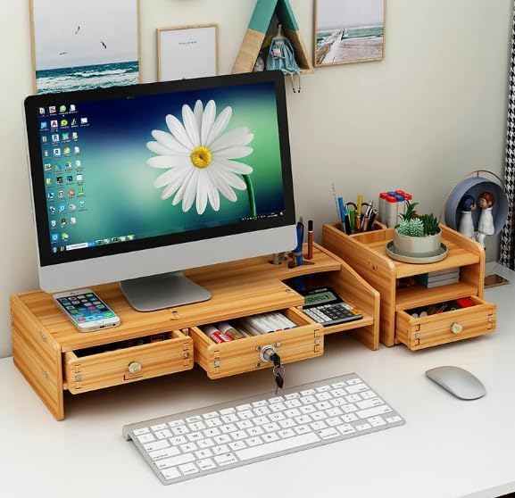 Image of Wooden Monitor Stand Riser with Storage Compartment and Lockable Storage Drawer Stand | Adjustable Desktop Organizer for Computer, Flax, Laptop & Printer (Monitor Stand (Lock) 7 Box Simple)