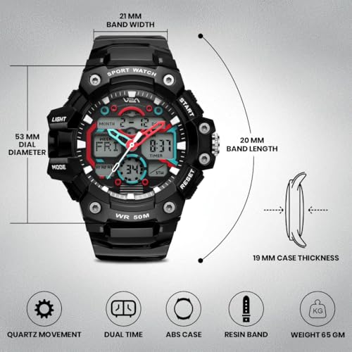 Image of V2A Stryke 53mm Analog Digital Sports Watch for Men | 3 Alarms & Countdown Timer | Layered Multi-Display Dial | Stopwatch, Dual Time, Day-Date | TPU Strap | 50M Water Resistant | Gift for Men