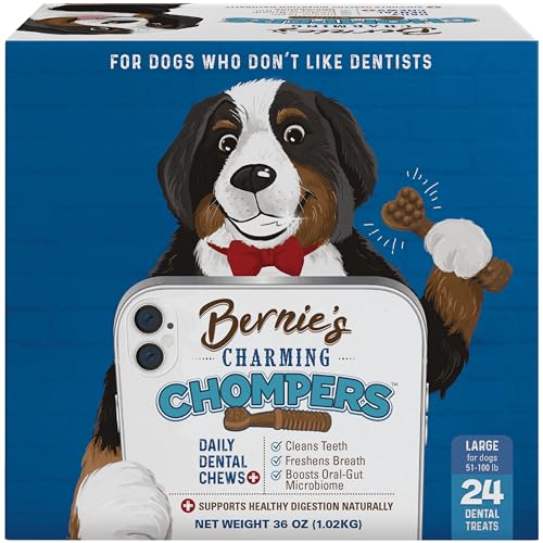 Bernie's Charming Chompers - Daily Dental Chews for Dogs 50-100 Lbs. - 24 Count - Cleans Teeth, Freshens Breath, + Boosts Oral-Gut Microbiome. Easy to Digest, Supports Healthy Digestion Naturally