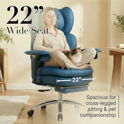 Image of Efomao Big & Tall Desk Chair, Executive Office Chair with Footrest, Blue | True 400lb big & tall desk chair. 22 inch wide seat & 7 inch thick cushion for plus-size comfort, with footrest for WFH naps.