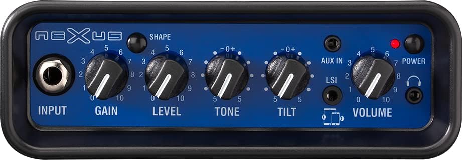 Top-down view of the Laney MINI-BASS-NX control panel with various knobs and jacks.