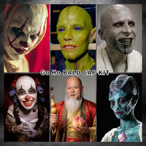 Go Ho Halloween Professional Bald Cap SFX Kit - Complete 8-Piece Makeup Set with Latex (30ml),Water Based Acrylic Adhesive(10ml),6 Colors Flesh Palette,Loose Setting Powder,Bald Cap&Applicators - Image 7