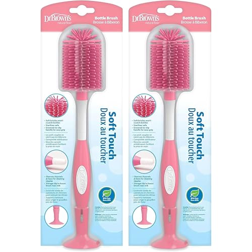 Image of Dr. Brown's Soft Touch No Scratch Baby Bottle Cleaning Brush Nipple Cleaner with Stand and Storage Clip, BPA Free, Pink 2-Pack