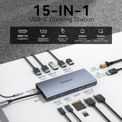 Image of USB C Docking Station Dual Monitor, ABIWAZY 15 in 1 Laptop Docking Station | 8K DP, Dual HDMI 4K@60Hz, 1Gbps Ethernet, 100W PD, Screen Button, USB-C Data Ports&SD /Micro SD, USB C Hub for HP /Delll /Lenovo