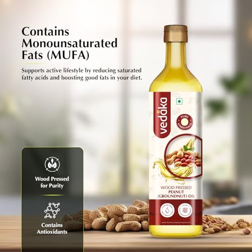 Image of Amazon Brand - Vedaka Wood Pressed Peanut Oil 1L | Cooking Oil | Groundnut Oil | Kolhu, Kacchi Ghani, Mara Chekku, Ganuga | Rich Aroma & Flavour Of Groundnuts