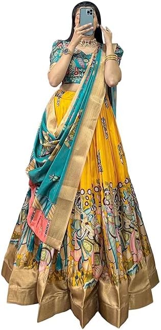 LooknBook Art YanaFab Women's Dola Silk With Kalamkari Print Lehnega Choli Set