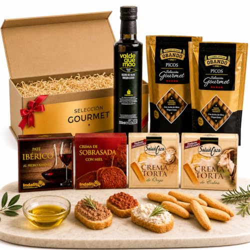 AF® - Cesto gourmet para oferecer com AZEITE 250ml cristal, queijos cremosos, paté ao Pedro Ximenez, sobrasada e picos artesanais – Cesto de Natal, presentes para homem