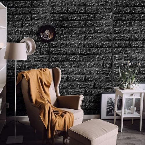 Image of POZET 3D Brick Wallpaper PE Foam self Adhesive Brick Design Wall Stickers /DIY Wallpaper for Home Hotel Living Room Bedroom Cafe Deco (70 x 77 cm) (Black) Pack of 15