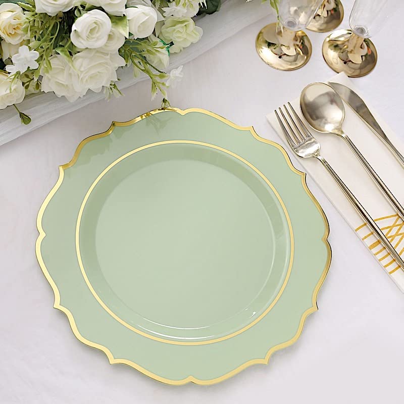 Balsa Circle 10 Sage Green 10.5-Inch Round Plastic Dessert Plates with Gold Scalloped Rim Disposable Wedding Reception Tableware