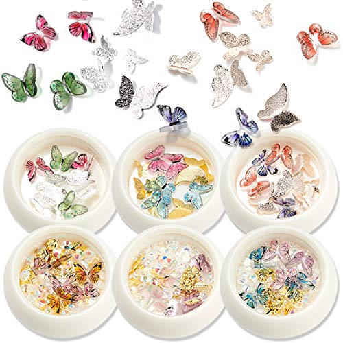 WOKOTO 6 Boxes 3D Butterfly Nail Art Decoration Set Flat-Black Nail Rhinestones Gold Nail Studs Manicure Jewelry With 1Pc Tweezers And Picker Pencil