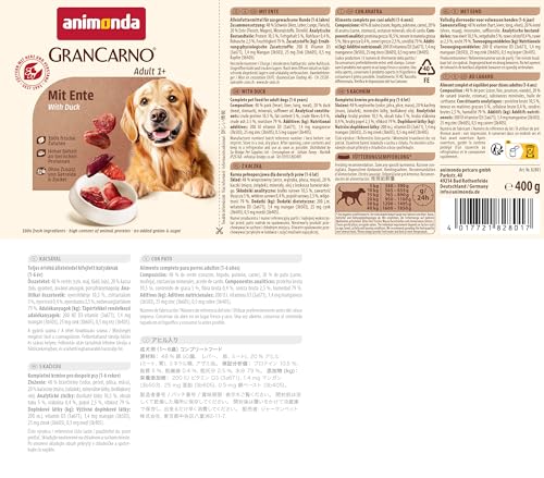 animonda GranCarno Hunde Nassfutter mit Ente (6 x 400g), getreidefreies Hundenassfutter ohne Zucker, für ausgewachsene Hunde, mit frischen fleischigen Zutaten