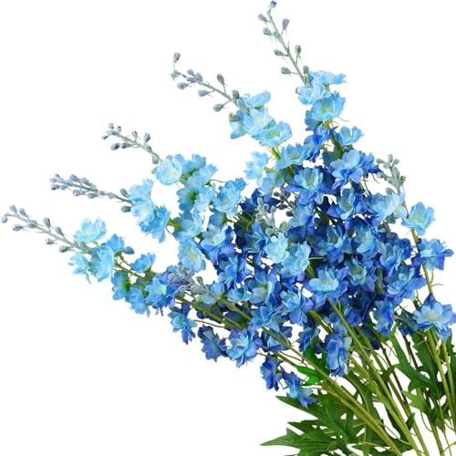 5pcs Blue Delphinium Artificial Flowers, 33" Silk Larkspur Faux Flower with Long Stem Fake Bouquet for Tall Floor Vase Kitchen Home Indoor Hyacinth Floral Plant 4th of July Centerpiece Decor
