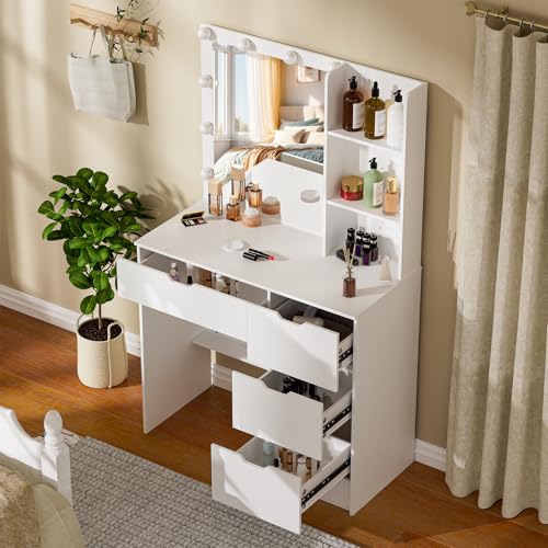 Puselo Dressing Table with Mirror and Lights,White Vanity Desk with Mirror and 4 Drawers, 10 LED Lights,3 Light Colours Adjustable Brightness,Modern Vanity for Women Girl Bedroom - Cosy Home Interiors Puselo Dressing Table with Mirror and Lights,White Vanity Desk with Mirror and 4 Drawers, 10 LED Lights,3 Light Colours Adjustable Brightness,Modern Vanity for Women Girl Bedroom - Image 3