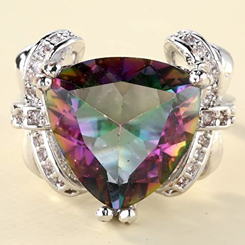 Rings Silver Women, Cubic Zirconia Ring Unique with Triangle Multicolor Cz Trillion Shape Silver Plated Proposal Jewelry for Her2