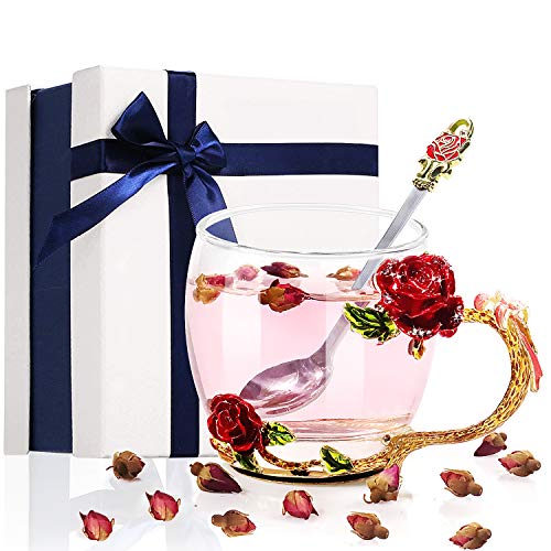 Glass Flower Tea Cup,Flower Enamel Tea Cup with Spoon Set,Handmade Coffee Cute Mug, Red Rose Design Creative Gift for Women,Best Gift for Christmas Birthday Wedding