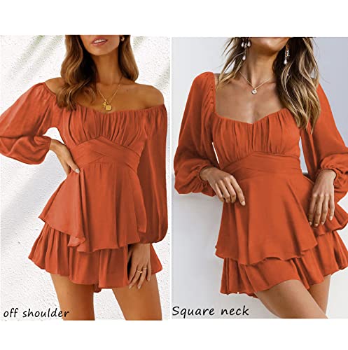 Fixmatti Women Tie Back Off The Shoulder Romper Chiffon Boho Ruffle Shorts Jumpsuit Outfits Brown L #TOP4
