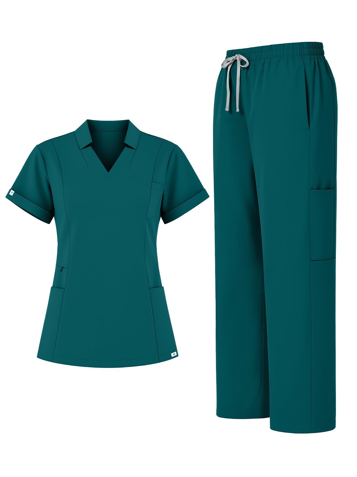 Scrubs for Women Set, Notched V-Neck Top &amp; Straight-Leg Pants