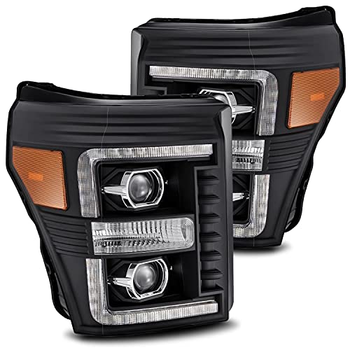 AlphaRex Polished Black For 11-16 F250/F350/F450/F550 DRL/Sequential Signal LED Tube Dual Super Duty 4th Gen Look Switchback Projector Headlights