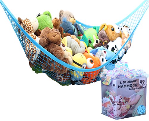 Image of MiniOwls Toy Storage Hammock - Stuffed Animal Organizer for Toddlers/Boy's Bedroom. Keeps Plushies Off The Bed and Floor. Teddies Display Corner Solutions. (Blue, Large)