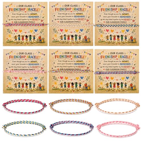 Junkin 24 Sets End of School Year Gifts for Students Friendship Bracelets Rainbow Adjustable Woven Bracelet with Cards for Classroom Exchange Last Day of School Graduation Party Favors (Brown)