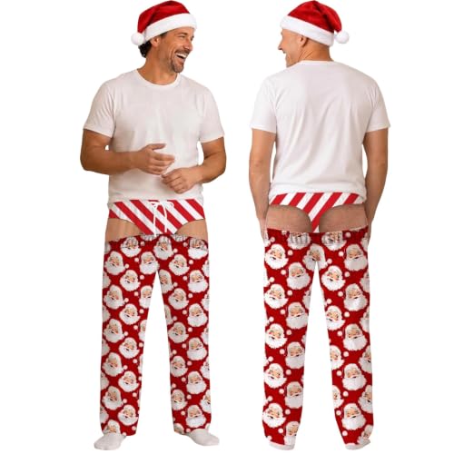 Funny Christmas Pajamas Men Novelty Thong Butt Print Santa Ugly Pajama Pant | Elastic Waist Drawstring Sleep Pant Soft Wide Leg Loose Fit Loungewear Trousers for X‑mas Party & Gift #Red Medium — view 2
