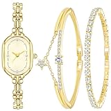 NEWITIN 3 Pieces Women Gold Watch Bracelets Set Fashion Costume Jewelry Stainless Steel Gold Plated Oval Wristwatch Diamond Bangle Bracelet Watch Jewelry Set for Women