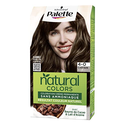 Palette Natural Colors - Coloration Permanente Cheveux - Couleur Naturelle - Cheveux nourris - Couvre 100% des Cheveux Blancs - Sans Ammoniaque - Beurre de Cacao & Lait d'Avoine - Châtain 4.0