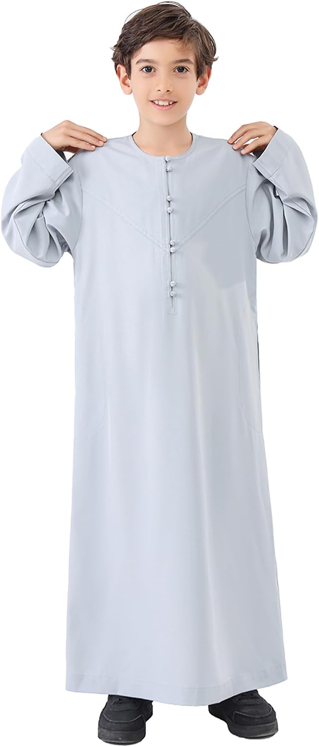 OBEEII Boy's Muslim Thobe Arab Long Sleeve Abaya Kaftan Robe Eid Ramadan Islamic Middle East Dubai Prayer Dress with Pockets