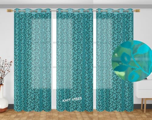 Image of Leaves Design Semi Transparent Window Curtain 7 feet Long Set of 3 pcs Drawing Room Parde | Pooja Room Curtain Panel | Sheer Curtain, Firozi Color