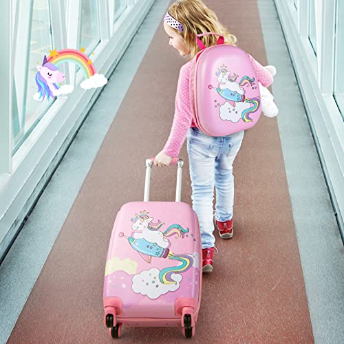 Goplus Kids Luggage Set, 12" & 18" Kids Carry On Luggage Set, Multi-directional Wheels Suitcase, Large Capacity Rolling Trolley Suitcase, Gift for Boys and Girls Toddlers Children Travel (Pink)