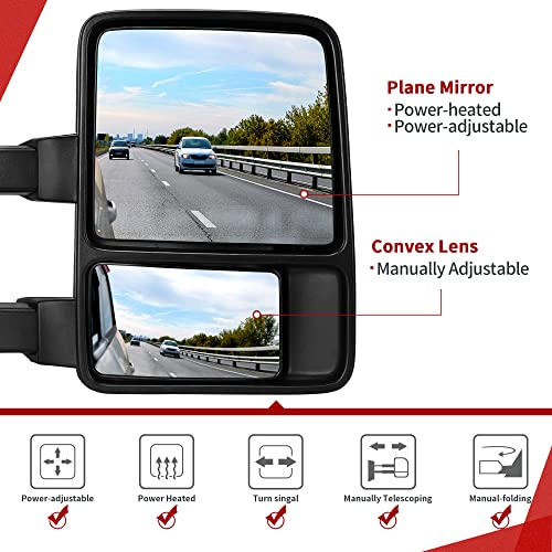 YITAMOTOR Towing Mirror Compatible with 2008-2016 Ford F250 F350 F450 F550 Super Duty, Right Passenger Side Mirror Power Heated, Telescoping, Folding, Turn Signal Light Black