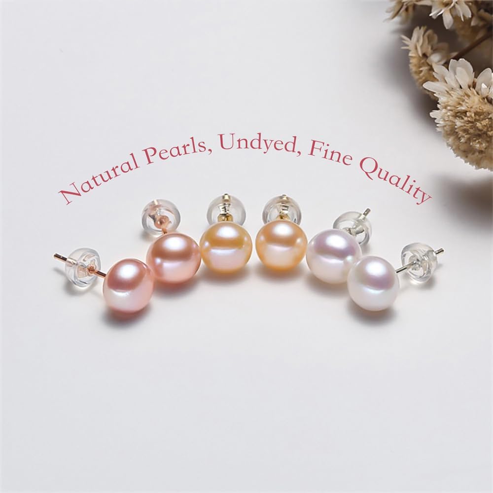 Pearl Earrings Studs for Women 3 Pairs AAAAA+ Freshwater Hypoallergenic Earring stud (18k Gold Plating 925 Sterling Silver) For Wedding Anniversary Birthday Christmas