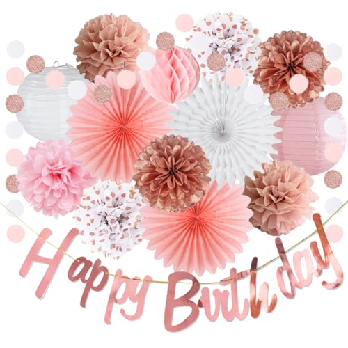 Geburtstagsdeko Frauen Mädchen Rosa Weiß Roségold Geburtstag Party Deko Seidenpapier Pom Poms Papierfächer Papierlaterne Happy Birthday Girlande für Geburtstag Dekoration