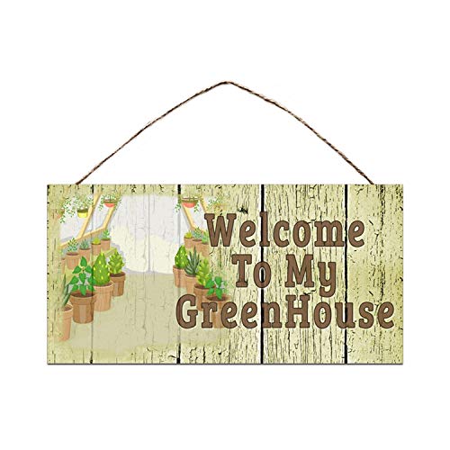 BESTWD Welcome to My Greenhouse Sign, Shabby Chic Garden Sign, 5" x 10" Sign, Garden Wall Plaque, Crackle Wood Style