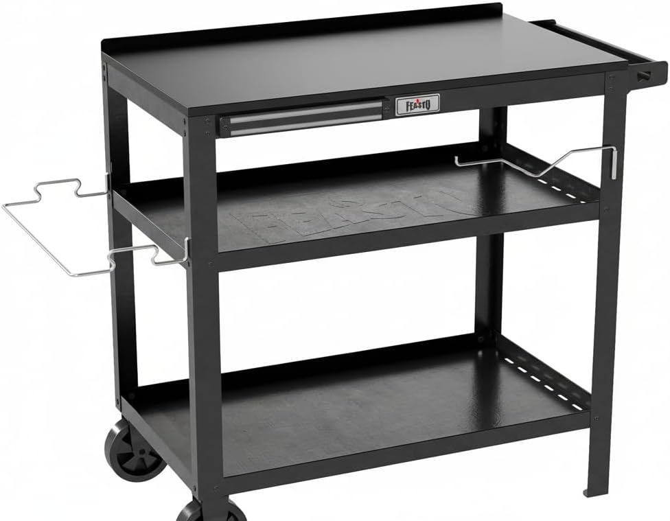Feasto 31.5"x18" Outdoor Grill Cart, Movable Grill Table with Seasoning Rack & Magnetic Tools Holder, Backyard BBQ Kitchen Food Prep Table for Portable Grill & Pizza Oven
