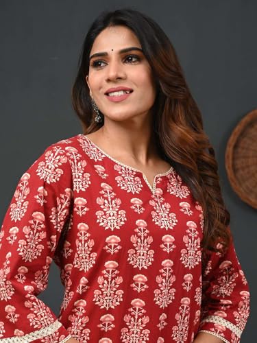Image of Rimeline Women's Floral Printed Cotton Kurti Top | Round Notch Neck 3 /4 Sleeve Straight Fit Casual Tunic