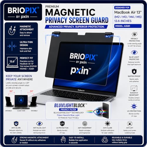 Image of Pxin Briopix Magnetic Privacy Screen compatible with 13.6 Inch Mac book Air | Anti Blue | Anti Glare | UV (A /B /C) Block | Nano Privacy Filter