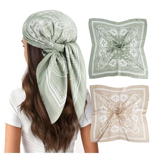 vimate Cachecol de cabeça para mulheres cabelo 68 cm quadrado cetim seda sensação bnadana lenço de pescoço acessórios etc, D97#.2 Pacote - Verde Claro/Camel Paisley, 27.5''*27.5''