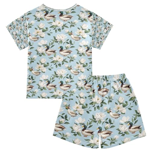 senya Mallard Duck White Flower Summer Pajamas Set Short Cotton Sleepwear 2 Piece2