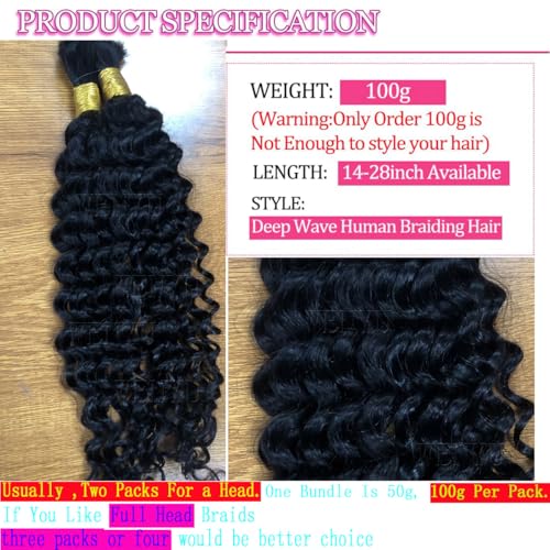 WENYU Human Braiding Hair 100g Deep Wave Bulk Human Hair for Braiding No Weft Bundle Brazilian Virgin Curly Human Hair Extensions for Boho Braids Curly Human Hair Braiding Hair (Deep Wave, 18 Inch) - Image 5