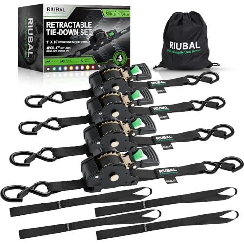 Riubal Retractable Ratchet Straps (4-Pack) - 1 Inch x 10 Feet (1 764lb Break Strength) - Auto Self Retracting Tie Down Straps Heavy Duty for Motorcycle ATV UTV Truck Cargo Trailer - Black