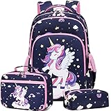 Dafelile Unicorn Backpack for Girls School Backpack Unicorn Bookbag 3 in 1 Set for Girls Elementary with Chest Strap and Lunch Bag