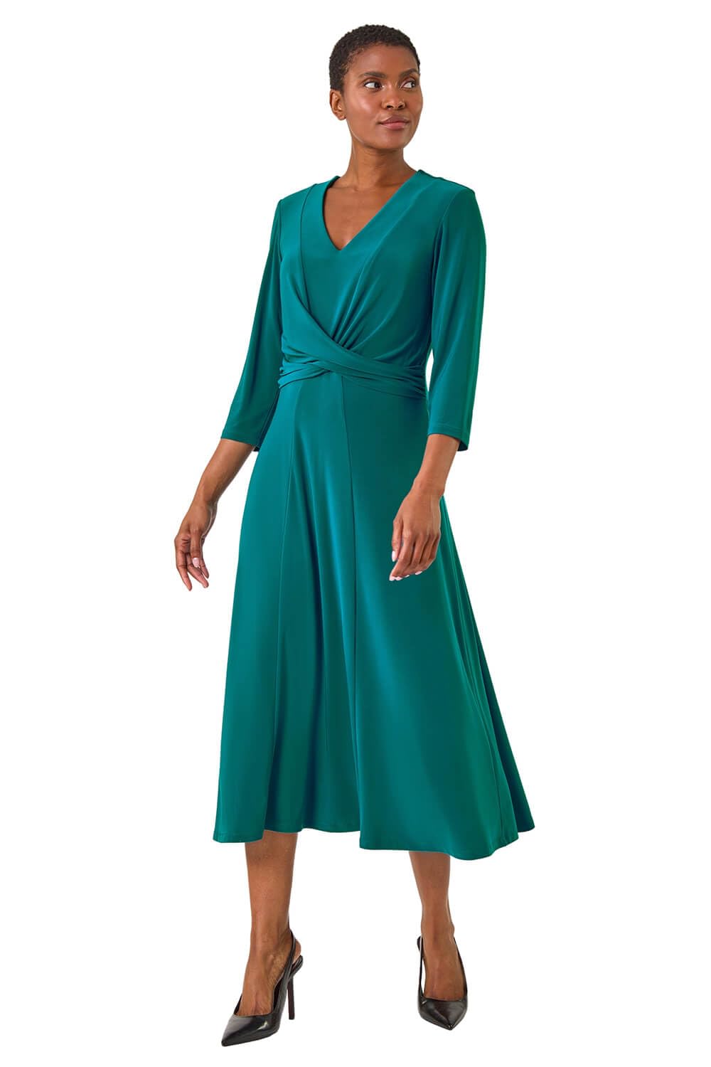 Roman Originals Women's Teal Stretch Crossover Midi Dress For Uk - Everyday Autumn Winter V-Neckline Comfy Soft Evening Vacation Work Party Night Out - Size 10