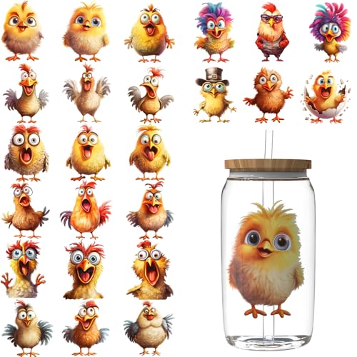 XRTHGS 24 Sheets UV DTF Cup Wraps for 16 OZ,The Funny Chicken Style UV DTF Cup Wrap Transfer Stickers DIY Crafts Can be Widely Used on Glass Can and Wooden Crafts