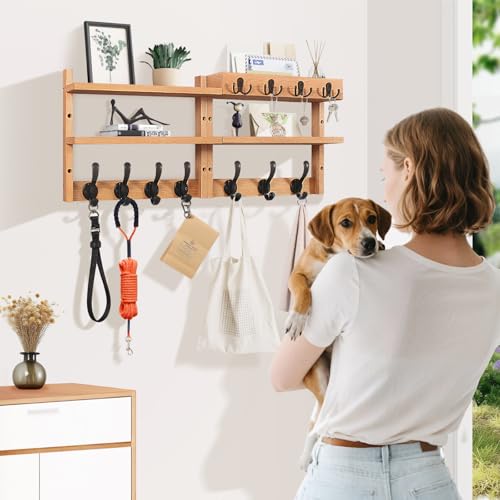 Image of 29 inch Coat Rack Wall Mount with Shelf, Pine Two-Tier Wall Shelf Mounted Coat and Key Hanger with 7 Heavy Duty Hooks 4 Key Hooks, Entryway Key Holder with Mail Holder for Bedroom,Living Room (Wood)