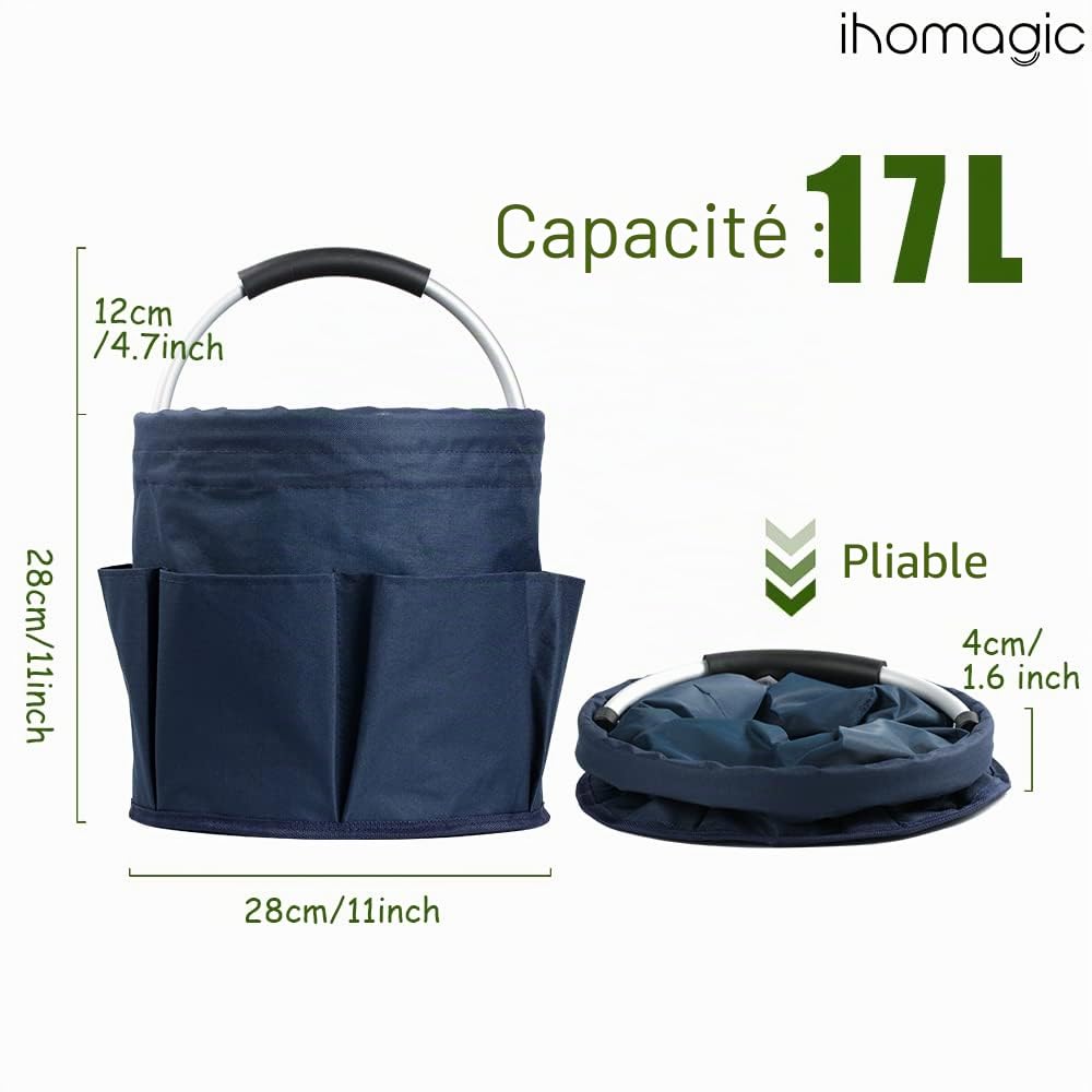 17L Sac Pliable à Outils de Seau avec Plusieurs Poches, Sac Rond à Outils de Jardinage, Panier Multifonctionnel avec Poignée, Corbeille de Rangement pour Les Outils, Les Jouets (Bleu Marine)