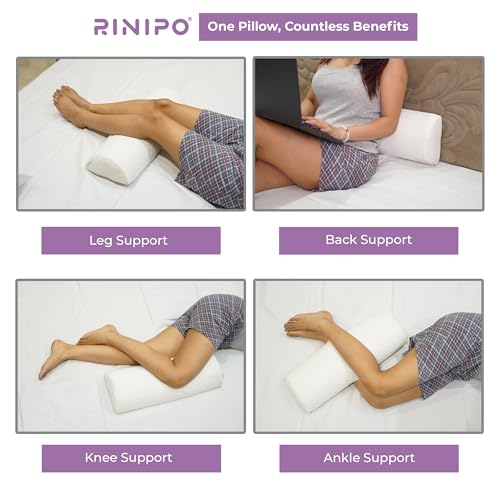 Image of Leg Support Pillow Orthopaedic Memory Foam 20 Inch - Half Moon Bolster (White) - 2 Year Warranty - Knee Pain Relief, Back Alignment Roll for Sleeping & Office Sitting - Washable Velvet Cover